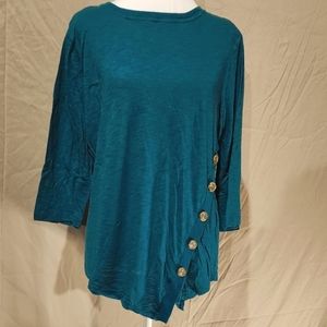 Westbound L cotton blend teal 3/4 sleeve crew‎ neck tunic w offset button detail